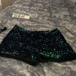 Glamorous Sequin High Waist Shorts - Black and Green